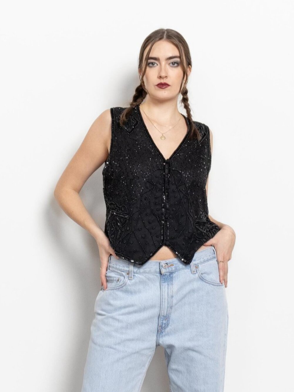 BLACK SEQUIN VEST Vintage Black Elegant Preppy Holiday Glitter Bedazzled /
